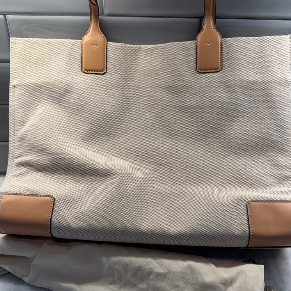 Tory Burch Ella Canvas Colorblock Logo Tote Bag OS Beige Tan Multicolor - Picture 5 of 11
